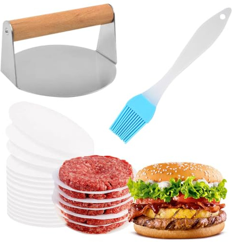 HyzaPhix Burgerpresse Edelstahl mit 50 Stück Metzgerpapier, 14,5cm Smash Burger Press Burger Smasher Grillzubehör für Hamburgerpresse (Burgerpresse Edelstahl)