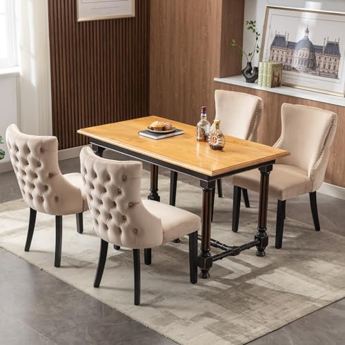 IHO SOFA Esszimmerstühle 4 Set, Esszimmermöbel, Wohnzimmer Stühle Dining Chair, Polsterstuhl Stühle Esszimmer, Schwarz Beinen aus Massivholz, Polsterstuhl mit Nagelkopfbesatz, Beige Küchenstuhl