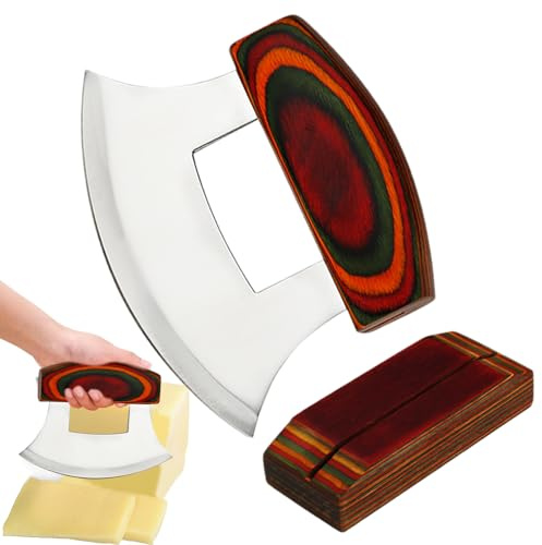 Ulu Hubschraubermesser-Heavy Duty Alaska Pizza Slicer Mit Bequemem Holzgriff, Scharfe Edelstahlklinge, Nicht Rutscher Ergonomischer Griff | Professioneller Rockerschneider, dicer Mit Holzständer