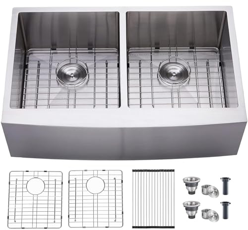 SHACO 33 Inch Double Bowl Divided 50/50 Farmhouse Sink, 33x21 Stainless Steel Undermount Apron Front Farm Kitchen Sink