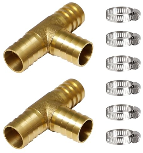 2 Pcs Raccord 3/4 de Tuyau en T Laiton, 3 Voies 19 mm Raccord avec Pinces | Accords Rapide en T Plomberie, Raccords Tuyau D'arrosage pour Eau Air Gaz Huile Tuyau à Air Comprimé