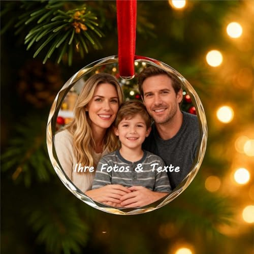 Personalisierte Weihnachtsanhänger aus Glas mit Foto und Text, Weihnachtsbaumschmuck Anhänger Selbst Gestalten Weihnachtsdeko Kristalle 2D Weihnachtskugeln für Weihnachtsbaum Feiertag Party Deko