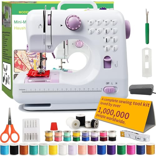 Small sewing machine Portable Electric for Beginners with 12 Built-in Stitches,LED Light,Double Speed,Dual Thread Reverse Function 42pcs Comprehensive Sewing Kit for Clothing,Pillowcases, and Sheets