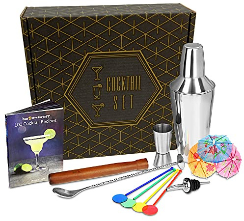 Drinkstuff Cocktail Set with Cocktail Shaker | includes Cocktail Book, Mixing Spoon, Jigger Measure, Pourer, Muddler, 24x Swizzle Stick Stirrers, 100x Cocktail Umbrellas | bar@drinkstuff Cocktail Making