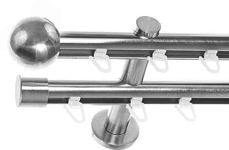 BASIT Gardinenstange Innenlauf Edelstahllook 20mm 2-läufig Wand 240cm H40 | Gardinenstangenset doppelläufig Wandmontage Metall Vorhangstange Wandhalterung 120-600cm wählbar Kappe Kugel E33