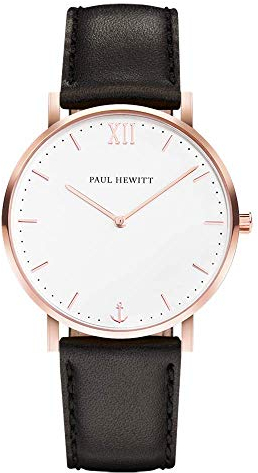 PAUL HEWITT Armbanduhr Damen Sailor Line White Sand - Damen Uhr (Rosegold), Damenuhr mit Lederarmband in Schwarz, weißes Ziffernblatt