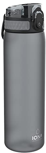 Ion8 Water Bottle, 500 ml/18 oz, Leak Proof, Easy to Open, Secure Lock, Dishwasher Safe, BPA Free, Hygienic Flip Cover, Carry Handle, Fits Cup Holders, Easy Clean, Carbon Neutral, Grey