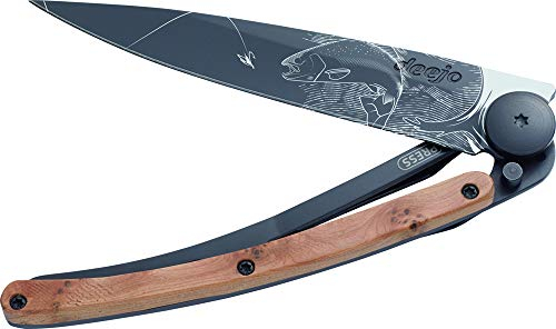 Deejo Taschenmesser NATURE FORELLE, 37 g, Stahl AISI 420, Liner-Lock, Wacholder, Gürtelclip, Deejo-Box