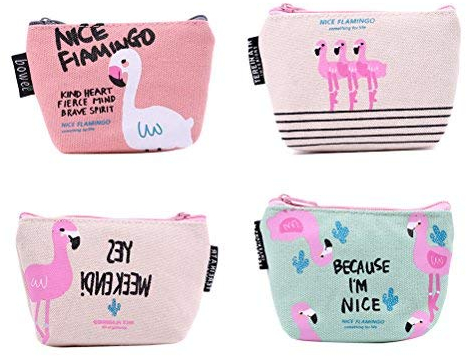TOYMYTOY 4Pcs Leinwand Geldbörse mini Geldbeutel Cartoon Flamingo Damen Madchen Portemonnaie Reißverschluss Münzen Taschen