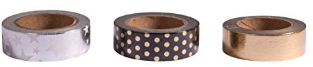 Rayher 60969000 Washi Tape Set, 3 Rollen à 10 m, 15 mm breit, 3 Designs in schwarz/gold/silber, Papierfolie, Papierband, Klebeband, Dekoband