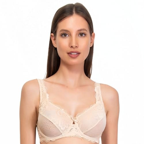 SIELEI, Reggiseno Francese con Ferretto, Realizzato in Morbido Pizzo, Tante Taglie Disponibili, Spalline Regolabili e Regolatore della Schiena in Regalo, Designed in Italy, Color Cipria, Taglia 3C