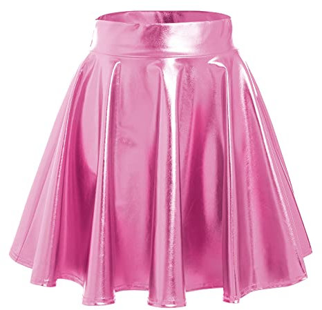 FYMNSI Damen PU Lederrock Minirock Metallic Glänzed Wetlook Faltenrock A-Linie Kunstleder Kurzes Rock Hohe Taille Holographic Plisseerock Skater Rave Gogo Disco Tanz Party Kostüm Clubwear Rose M