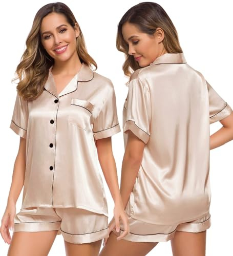 SWOMOG Women's Silk Satin Pyjamas, Champagne, Size S, Short Sleeve, Button Down Collar, Mid Thigh Length, 2 Piece Set