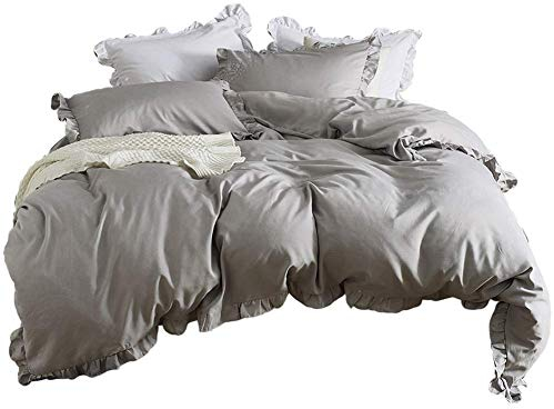 Loussiesd Einfarbig Grau Bettwäsche Set mit Rüschen 3 teilig 155x220 cm + 80x80cm Damen Romantisch Bettbezug Weich Atmungsaktiv Polyester-Baumwolle Betten Set mit 2 Kissenbezug,Hellgrau