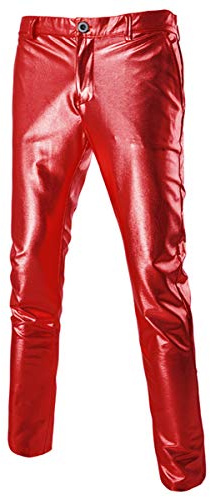 Sliktaa Mens Casual Trousers Leather Metallic Shiny Gold Silver Golf Straight Nightclub Cosplay Trouser,Red,XS