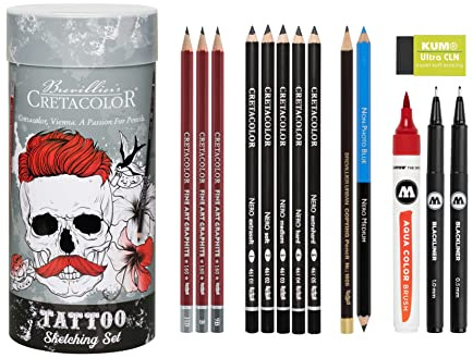 CRETACOLOR Tattoo Sketching Set, Zeichenset mit MOLOTOW Blackliner & Aqua Color Brush, Metallbox, Ideal für Skizzieren & Detailarbeit, Geschenkset
