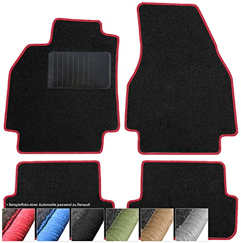 moto-MOLTICO Fußmatten Auto - Velours Autoteppiche passend für Renault Megane II (2002-2008) - 4-teiliges Set - Schwarze Automatten mit Roten Ziernähten