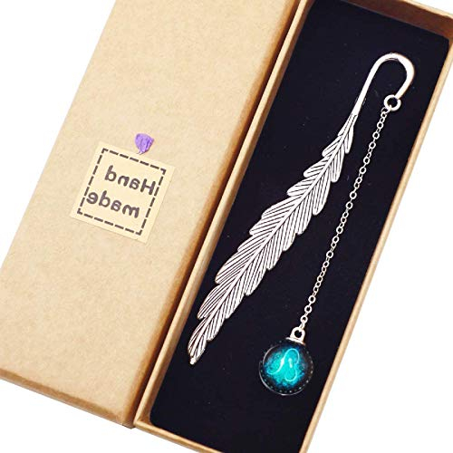 Sternbild Silber Metall Feder Lesezeichen mit handgefertigten fluoreszierenden Anhänger (Blaue hängende Kugel, Löwe)