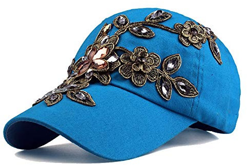 Cheerlife Basecap Damen Jeans Baseball Cap Mütze Kappe mit Blume Strass Sonnenhut Hip Hop Hut für Outdoor Sport Reisen (Blau)