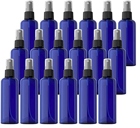 TIANZD 24 Pieces Empty 100 ml Blue PET Plastic Fine Mist Pump Spray Bottles with Black Top Portable Sprayer for Perfume Water Cosmetic Travel Containers Refillable, 2x Funnel
