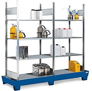 Regal für Gefahrstoffe, 2470 mm x 2100 mm x 816 mm, silber/blau, zur Lagerung von Kleingebinde, 8 verzinkte Gitterroste, mit Bodenwanne aus Stahl