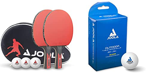 JOOLA Tischtennis Set Duo Carbon 2 Tischtennisschläger+3 Tischtennisbälle + Tischtennishülle, rot/schwarz, 6-teilig & 42183 Tischtennisbälle Outdoor 40+ mm Tischtennis-Trainings-Bälle, Weiss, 12 Stück