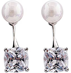 Ohrstecker Damen Zirkonia, Ohrringe Damen Bunt Zirkon Kleines Quadrat mit Perle Silber Weiß Vergoldet