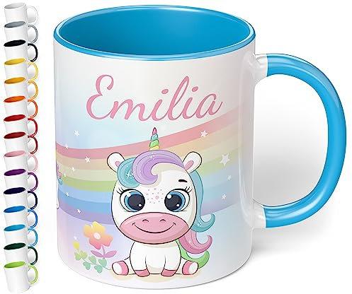 Kinder-Tasse mit Namen „Einhorn mit Regenbogen-Motiv“ – personalisierte Tasse für Jungen und Mädchen - rundum bedruckt – schönes Geschenk zu Weihnachten, Geburtstag (Hellblau)