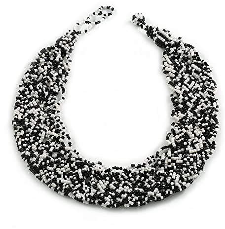Avalaya Collier large en perles de verre tressées Noir/blanc – 50 cm de long x 3 cm d'extension, taille unique