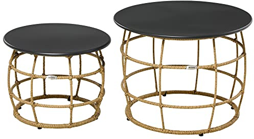 Outsunny Beistelltisch 2er-Set, Ratten Couchtisch, Kaffeetisch mit Tischplatte aus Metall, Handgeflochtener Sofatisch für Garten, Balkon, Ø46+Ø60 cm, Sand