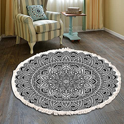 Duories Tapis rond en coton tissé à la main - Motif mandala - Style bohème vintage - Avec pompons - Lavable en machine - Pour chambre à coucher, couloir, salon, table basse - 60 cm - Fleurs #30