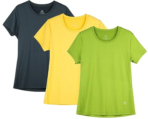 icyzone Damen Sport Shirt Kurzarm Fitness Gym T-Shirt Atmungsaktive Laufshirt Sport Oberteile, 3er Pack (L, Ombre Blue/Spectra Yellow/Green Glow)