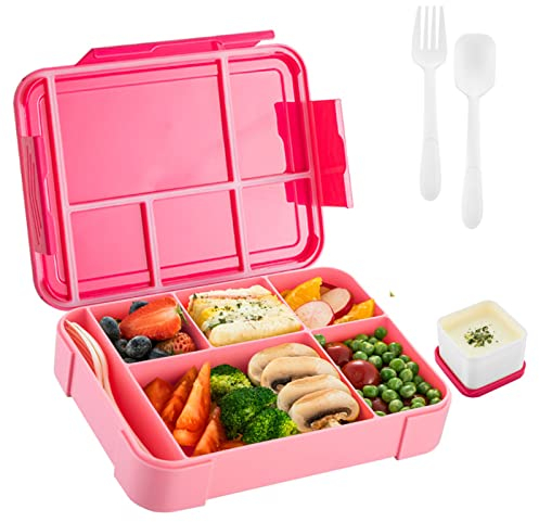 Longzhuo Lunch Box with 5 Compartments, 1300ml Bento Lunch Boxes with Cutlery Set, BPA-Free Leak-Proof Snack Box for Boys Girls School Kindergartents Girls & Boys, Microwave/Dishwasher Safe(Red)