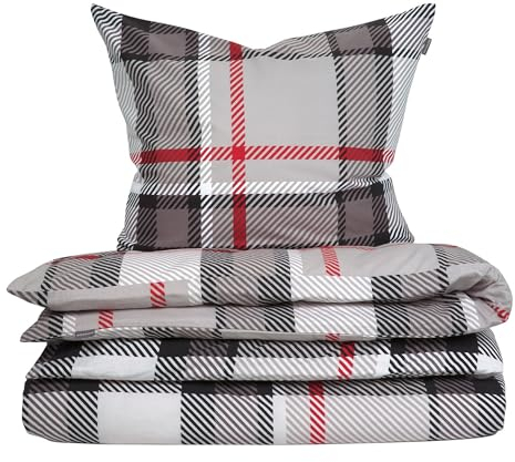 Schiesser Bettwäscheset Talisa | 2-teilig | Kariert | Feinbiber | 100% Baumwolle | Oeko-Tex Zertifiziert | Reißverschluss | 135 x 200 cm + 80 x 80 cm | Grau