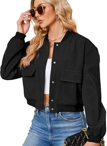 Zando Cropped Bomber Spring Jackets for Women 2026 - Short Black Cropped Jacket Women Button Down Jackets for Womens Trendy with Pockets Long Sleeve Casual Varsity Jacket for Daily Outdoor Travel S