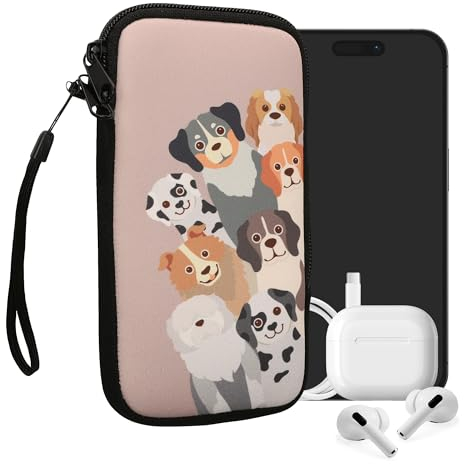 kwmobile Handytasche für Smartphones L - 6,5 - Neopren Handy Tasche Hülle Cover Case Schutzhülle - Lustige Hunde Braun Weiß Taupe - 16,5 x 8,9 cm Innenmaße