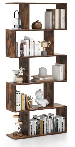 COSTWAY Scaffale in Legno a 5 Ripiani, Libreria Scaffale a Forma di S con Dispositivo Antiribaltamento, Divisorio per Soggiorno Ufficio Camera da Letto, 70 x 23,5 x 158 cm
