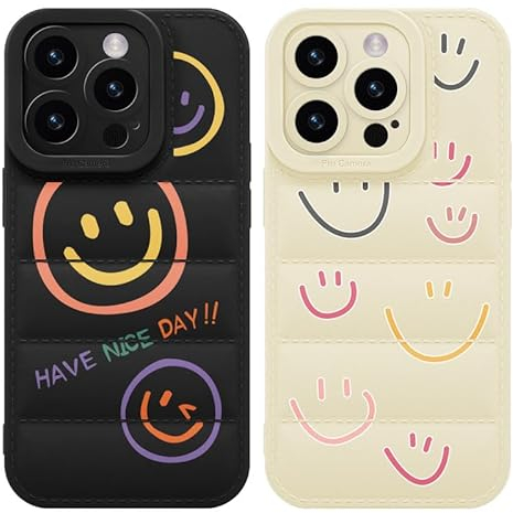 Yoedge 2 Pezzi Puffer Cover per iPhone 14 Pro 6,1,Soft Touch Leggero Morbida TPU Custodia in Silicone Antiurto Antigraffio Protettiva Case con Disegni per Donne Ragazze per iPhone 14 Pro,Smile Face 2