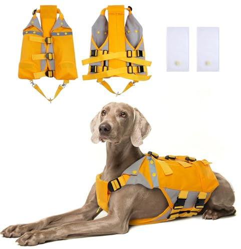 Giubbotto Salvagente Cani, Gilet Salvagente Cani Pettorina Galleggiante Cane Giubotto di Sicurezza Cani Flottazione Dispositivo Cuccioli Salvavita in Piscina, Spiaggia, Barca(Giallo, L)