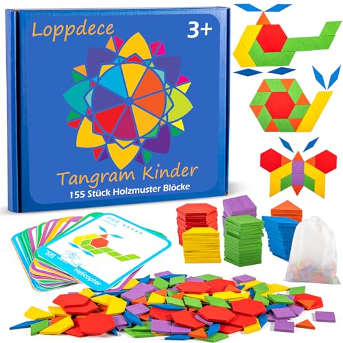 Loppdece 155 Stück Tangram Puzzle Spielzeug, Geometrische Formen Holzpuzzles für Kinder, Montessori Spielzeug Mit 24 Designkarten für Mädchen Jungen Ab 3 Jahr