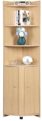 cadciehe Hoher Eckschrank, Bauernhaus-Aufbewahrungsschrank mit Scheunentür-Design und offenen Regalen, Eck-Bücherregal, platzsparendes Zuhause für Badezimmer, Wohnzimmer, Waschküche, Holzfarbe