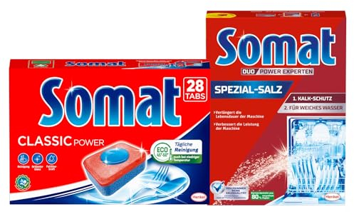 SOMAT Tabs 28 AW Classic Power, Geschirrspül Tabs mit Fettlösekraft für kraftvolle Reinigung, Spültabs für strahlend sauberes Geschirr + Somat 5in1 Additive Spezial-Salz 1,2kg