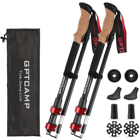 GPTCAMP Gehstöcke, Trekkingstöcke, zusammenklappbar, leicht, zusammenklappbar, Reise-Wanderstock für Männer und Frauen, 2 verstellbare Wanderstöcke mit EVA-Schaum-Griffen für Rucksackreisen, Rot