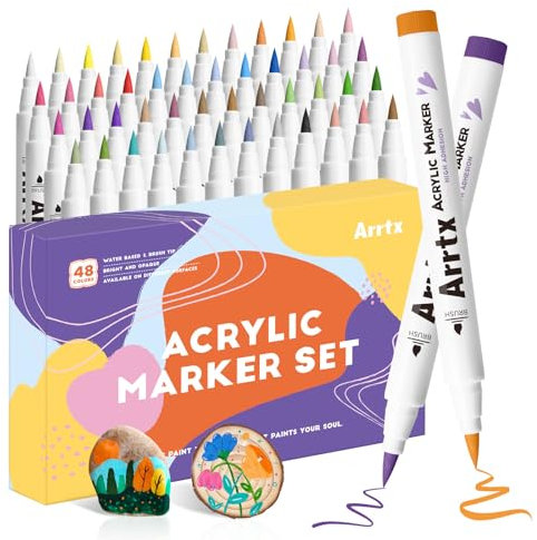 Arrtx Rotuladores Acrílicos Permanentes, 48 Colores Lápices Acrílicos, Marcadores de Pintura con Punta de Pincel, Marcadores de Arte Impermeables para Piedras, Cristal, Madera, Cerámica, Plastico-48E