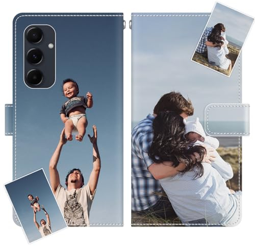 JGOYGYI Personalisierte Leder Handyhülle kompatibel mit Samsung Galaxy A04s A05S A13 A14 A15 A25 A33 A34 A35 A52s A53 A54 A55 A72,Individuelle Text Bildern Foldable Flip Klapphüllen Case hülle