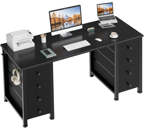 Black Gaming Desk with Fabric Drawers on Both Sides, 55 Inch Home Office Computer Study Writing Work PC Desk with 8 Storage Drawers Storage for Bedroom
