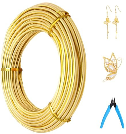 Filo per bricolage, 3 mm x 15 m, per gioielli, per fai da te, in alluminio, per modellare, antiruggine, con pinza a forbice per lavori di bricolage e gioielli (oro)
