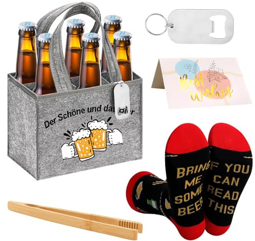Lot de 5 cadeaux de bière pour hommes, sac à 6 bouteilles, avec chaussettes, décapsuleur, pince BBQ, carte vœux