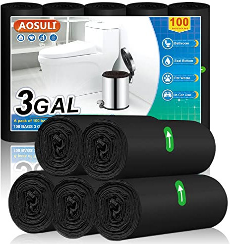 AOSULI Schwarz Müllbeutel 10L Müllsäcke Kleine Mülltüten 100 Stück Abfallsäcke Geeignet für Badezimmer,Küche,Büro