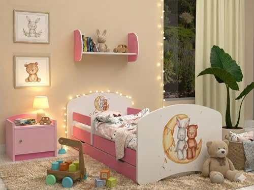 Happy Babies Kinderbett - mit Rausfallschutz Junge 140x70 Bett für Kinderzimmer mit Schublade & Matratze Einzelbett für Kinder Weiß/Rosa Hase Teddybär (Rosa)